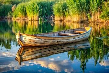 Obraz premium Wooden rowboat floats on calm water at sunset