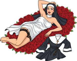 Sexy Pin-up Nun in Lingerie Lying on a Romantic Bed of Red Roses