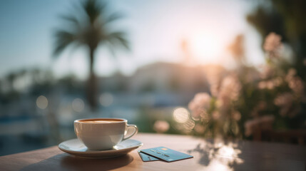 White coffee cup on saucer with credit card on table in outdoor cafe with palm tree and sunset background