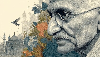 Banner and poster sketch-style illustration for Gandhi Jayanti with Indian cultural motifs and Gandhia??s image