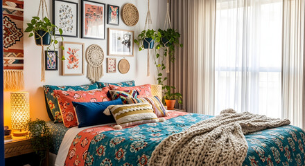 Cozy bedroom with bohemian decor, bed with pillows, artwork, plants, and natural light