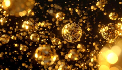 Golden spheres floating in a dark background