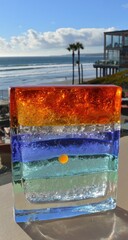 Colorful glass block with layered ocean colors.