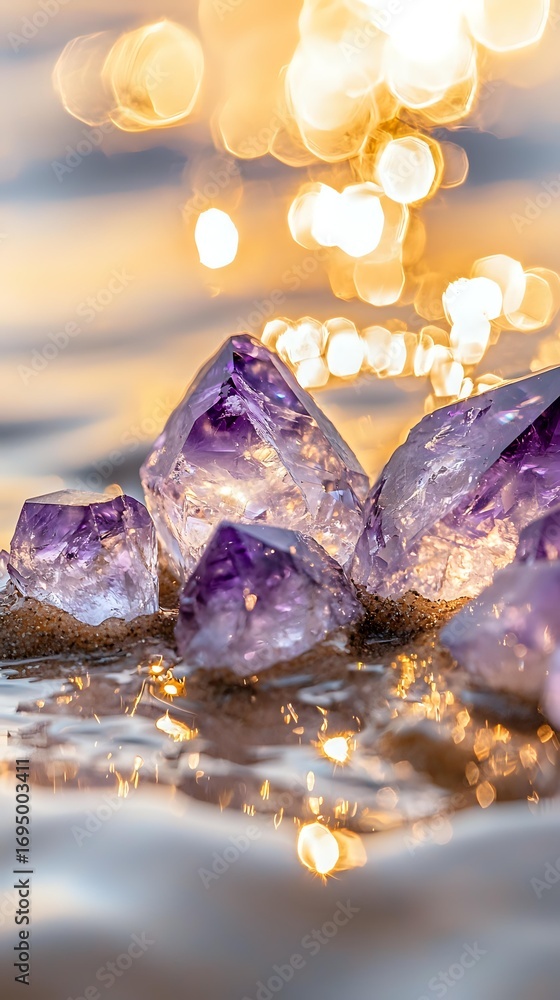 Poster purple amethyst crystal clusters with golden bokeh lights creating magical atmosphere on reflective 