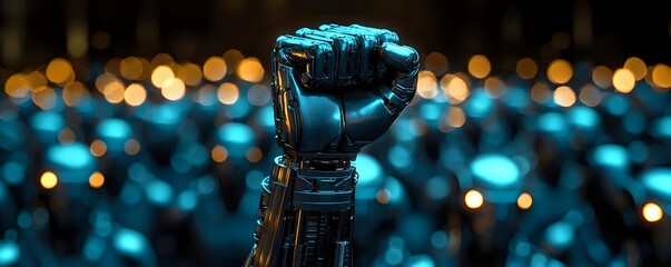 Robotic arm fist raised against blurred city lights background in neon blue colors creating dramatic futuristic atmosphere. Symbolizes technological revolution.