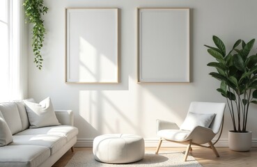 Blank picture frames mockup on white wall in minimalist living room. Beige tones, natural light create elegant, comfortable atmosphere. Sofa, armchair, plant enhance decor. Ideal for art, photos.