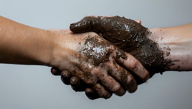 Symbolic handshake between two people with hands covered in dark mud or clay against light background, representing unity, collaboration and getting hands dirty together.