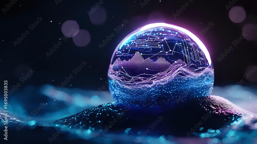 Poster glowing sphere with futuristic circuit patterns emits purple and blue light against dark background 