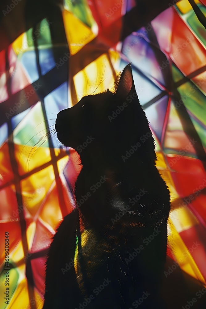 Poster black cat silhouette against vibrant stained glass window background creating dramatic contrast with
