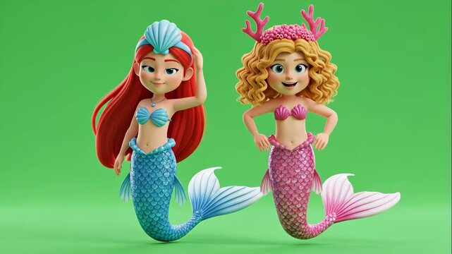 Cartoon Mermaid Girls Green Screen - Two adorable cartoon girls, dressed as mermaids with vibrant tails and seashell accessories, are shown against a green screen background.