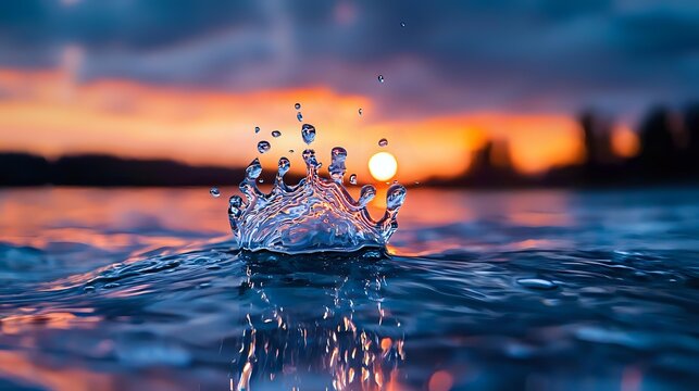 Dramatic water crown splash captured at sunset with orange sky and sun reflection on lake surface creating magical nature photography moment.