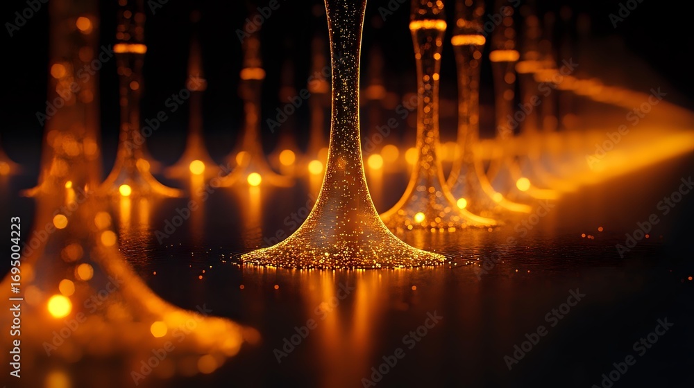 Poster elegant wine glass stems lined up with golden bokeh lights creating magical reflections and sparkles