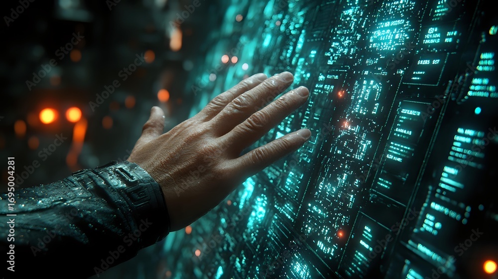 Poster hand reaching towards glowing turquoise digital matrix display with binary code and data streams aga