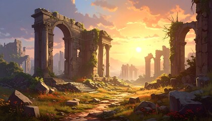 A sun-drenched vista unfolds across a field of wildflowers, revealing ancient ruins in a state of serene decay.  The warm hues of sunset paint the scene with a timeless quality.