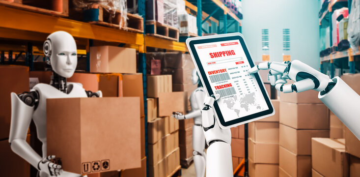 Innovative industry robot working in warehouse for human labor replacement . Concept of artificial intelligence for industrial revolution and automation manufacturing process . - Powered by Adobe