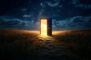 Open Wooden Door in Golden Field at Night Sky Revealing Sunset, Magic Portal