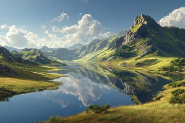 Wanddecoratie Reflectie Serene mountain lake reflected in a calm azure water. Lush green hills and meadows surround a tranquil valley, bathed in sunlight. Fluffy white clouds dot a vibrant blue sky  © Ballo