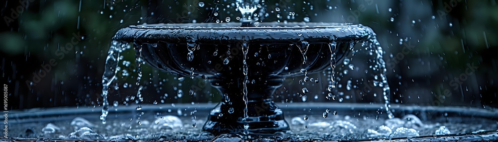 Poster cascading water fountain creating circular ripples and splashes in dark moody atmosphere with bokeh 