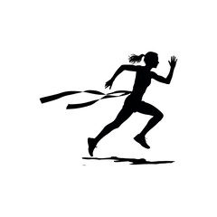 Black silhouette of a female runner crossing a finish line ribbon running