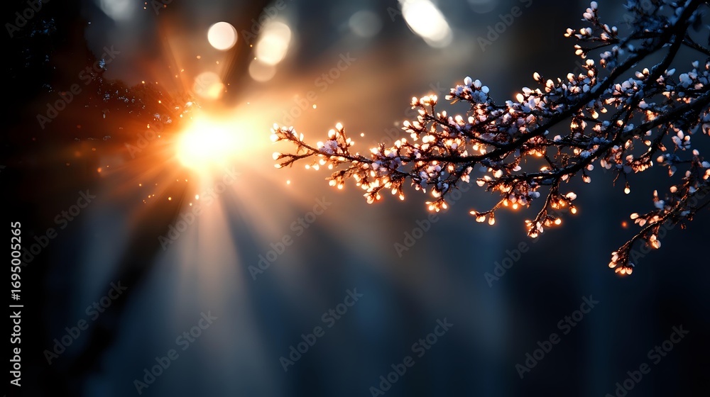 Poster Sunlight rays breaking through cherry blossom branch at dawn, creating magical bokeh effect and atmospheric spring morning mood in dark blue tones.
