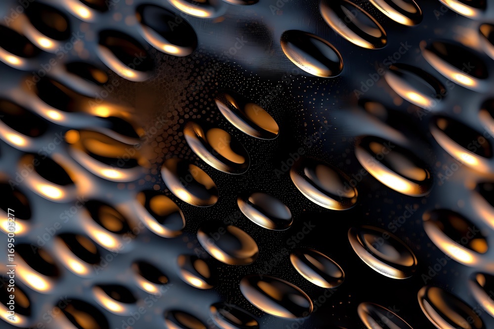 Poster macro photography of water droplets with golden light reflection creating abstract pattern on dark t