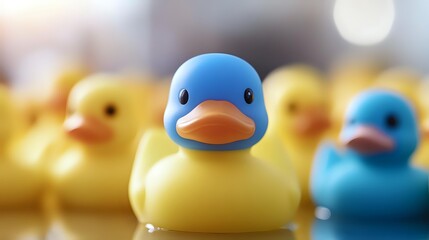 Colorful rubber ducks lined up with blue and yellow variations, showing selective focus on front duck against soft blurred background. Great for childhood concepts.