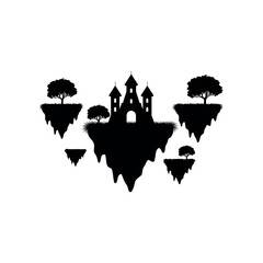 Black silhouette of a castle on a floating island with trees fantasy medieval