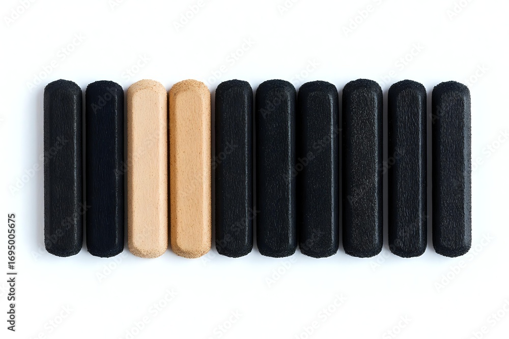 Poster minimalist composition of black and beige wooden blocks arranged in row on white background, showing