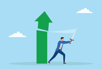 Fototapeta premium Vector illustration of a businessman cutting an upward arrow with a sword, symbolizing control over growth, market trends, financial challenges, or performance 