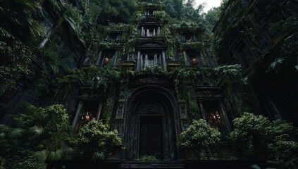 Fototapeta premium Ancient stone building overgrown with lush jungle foliage
