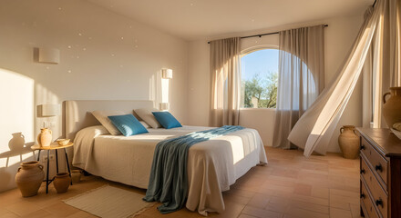 Cozy bedroom with sunlight streaming through the window, creating a warm atmosphere