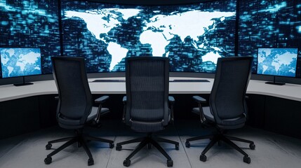 Wide panoramic shot of military cyber command center with glowing digital screens and world map displays.