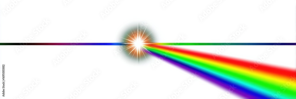 Poster colorful spectrum emanating from a bright light source against a white background