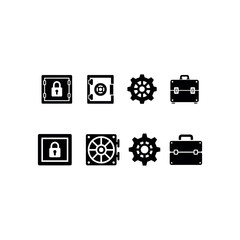 Black icons of lock safe gear and briefcase on white background padlock vault