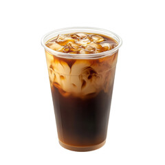 Iced coffee drink with milk swirls in a plastic cup on transparent background