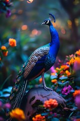 Obraz premium Majestic peacock with vibrant blue plumage standing among colorful orange and purple flowers in garden setting, dramatic lighting creates magical atmosphere.