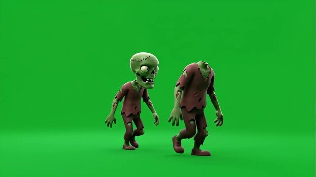 Cartoon Zombies Walking Green Screen - Two cartoon zombies, one headless, walk across a green screen background. These 3D animated characters are suitable for Halloween or horror-themed projects.