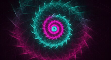 Abstract fractal spiral in teal and pink with a circular center and dark background design art effect