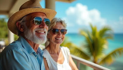 Mature caucasian couple enjoys tropical vacation on sunny balcony with ocean view. Smiling elderly man in straw hat, woman in white dress share happy leisure moment. Palm trees, blue sky create