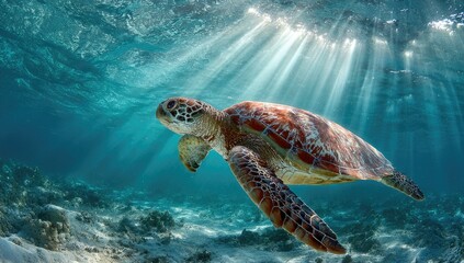 Fototapeta premium Sea turtle swims in sunlit underwater scene