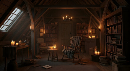 Naklejka premium Cozy Interior Design Illuminated With Warm Light, Books, and Candlelit Ambiance