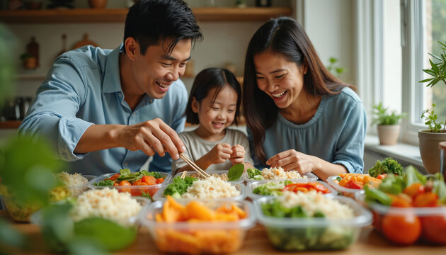 Happy Asian family selects healthy pre-made meals with rice, vegetables. Busy parents, daughter enjoy nutritious food options from meal prep service at home. Bonding moment promotes wholesome eating