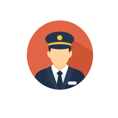 Flat Design Avatar of Train Conductor in Uniform with Cap and Badge in Circle Background
