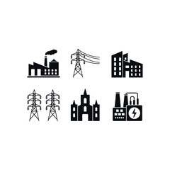 Six black industrial and architectural icons on white background factory power line