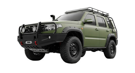 Rugged matte olive green compact SUV with black brush guard, all-terrain tires, roof rack, isolated on transparent background with copy space, low-angle, concept of adventure and utility