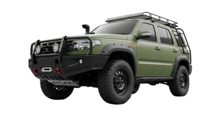 Rugged matte olive green compact SUV with black brush guard, all-terrain tires, roof rack, isolated on transparent background with copy space, low-angle, concept of adventure and utility