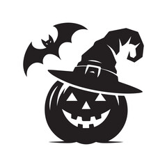 pumpkin and witch hat flying bat vector silhouette clip art logo design illustration