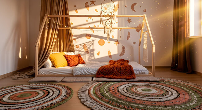 Cozy bohemian bedroom with a tent bed and decorative celestial wall accents and rug