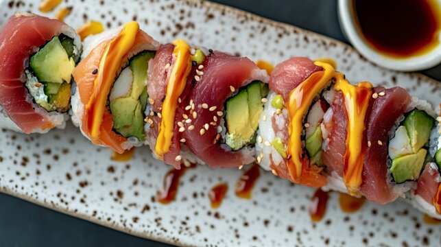 Savoring sushi a colorful top view of japanese rolls culinary delight vibrant cuisine gourmet experience