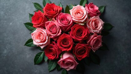 Obraz premium Red, pink roses arranged in heart shape on dark textured background. Closeup captures freshness, elegance of blossoms, perfect for valentine cards, gifts, anniversary celebrations. Floral arrangement